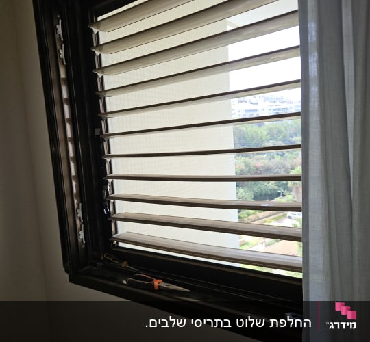 תריסים אופקיים פתוחים עם כלים על אדן החלון